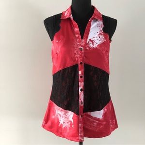 Women’s Rufen Red Black Lace Sleeveless button up blouse size L